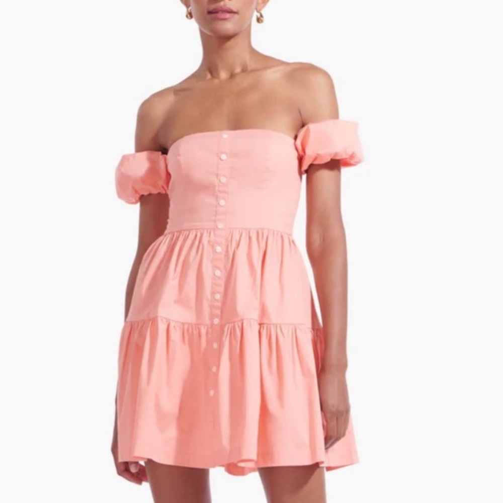 STAUD Elio Tiered Off Shoulder Mini Coquette Style Dress in Grapefruit